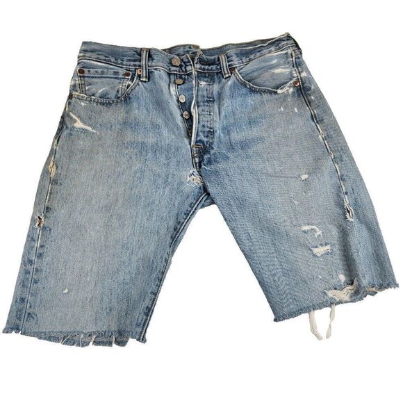 Levi's 501 Button Fly Cut Off Jean Shorts Mens 31 Blue Denim Upcycled Destroyed - Picture 2 of 11